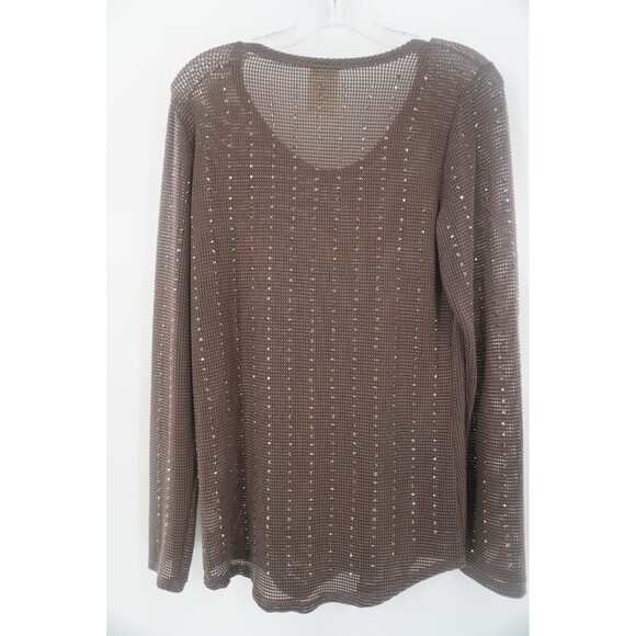 Focal Brown Mesh Knit Beaded Long Sleeve Mesh Knit Beaded Sweater Top Size L - Picture 4 of 10